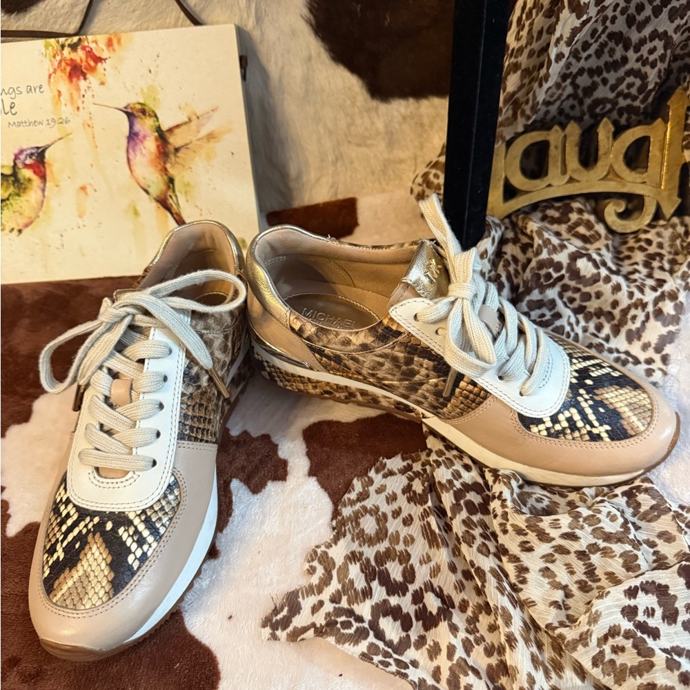 Michael Kors Neutral Snake-Print Lace-Up Sneakers
